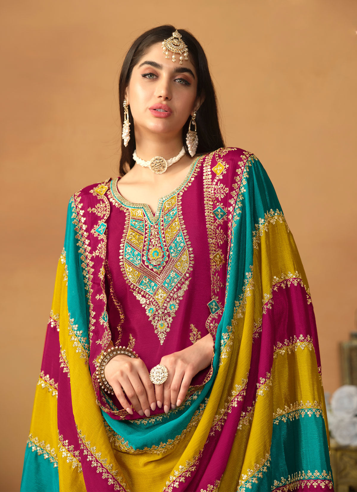 Rose Pink Chino Silk Straight Suit With Sequins Work For Festival