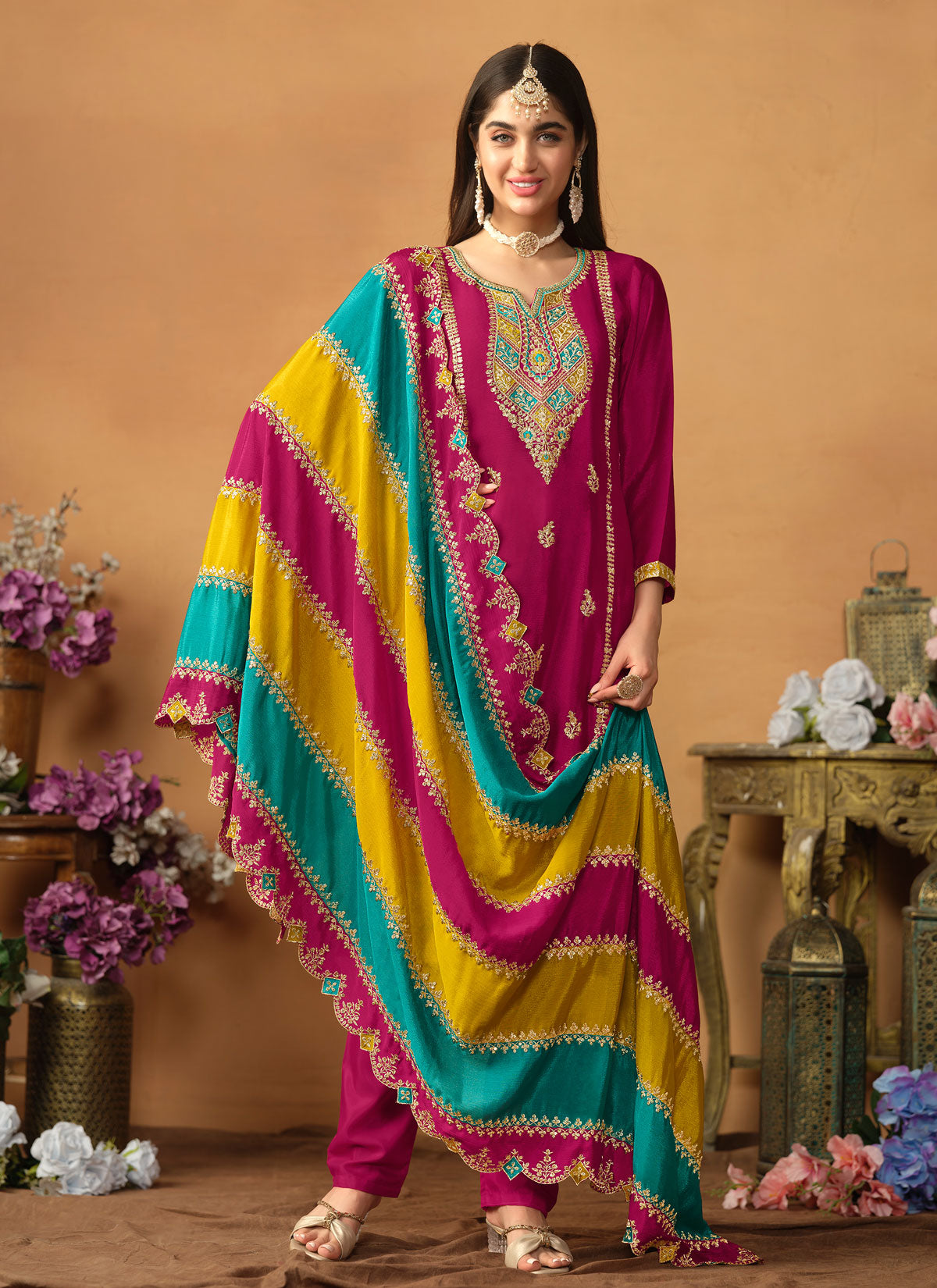 Rose Pink Chino Silk Straight Suit With Sequins Work For Festival