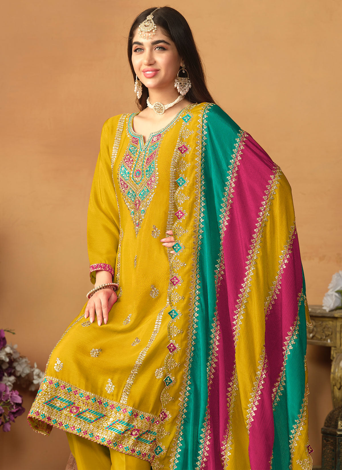 Embroidered Work Straight Suit For Festival In Yellow