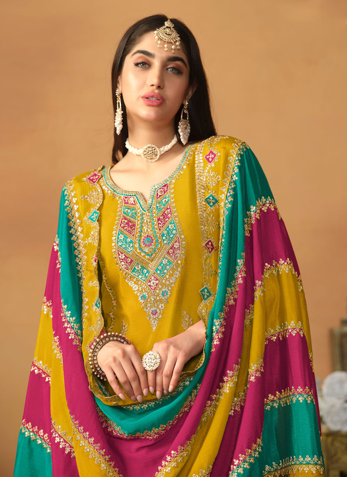 Embroidered Work Straight Suit For Festival In Yellow