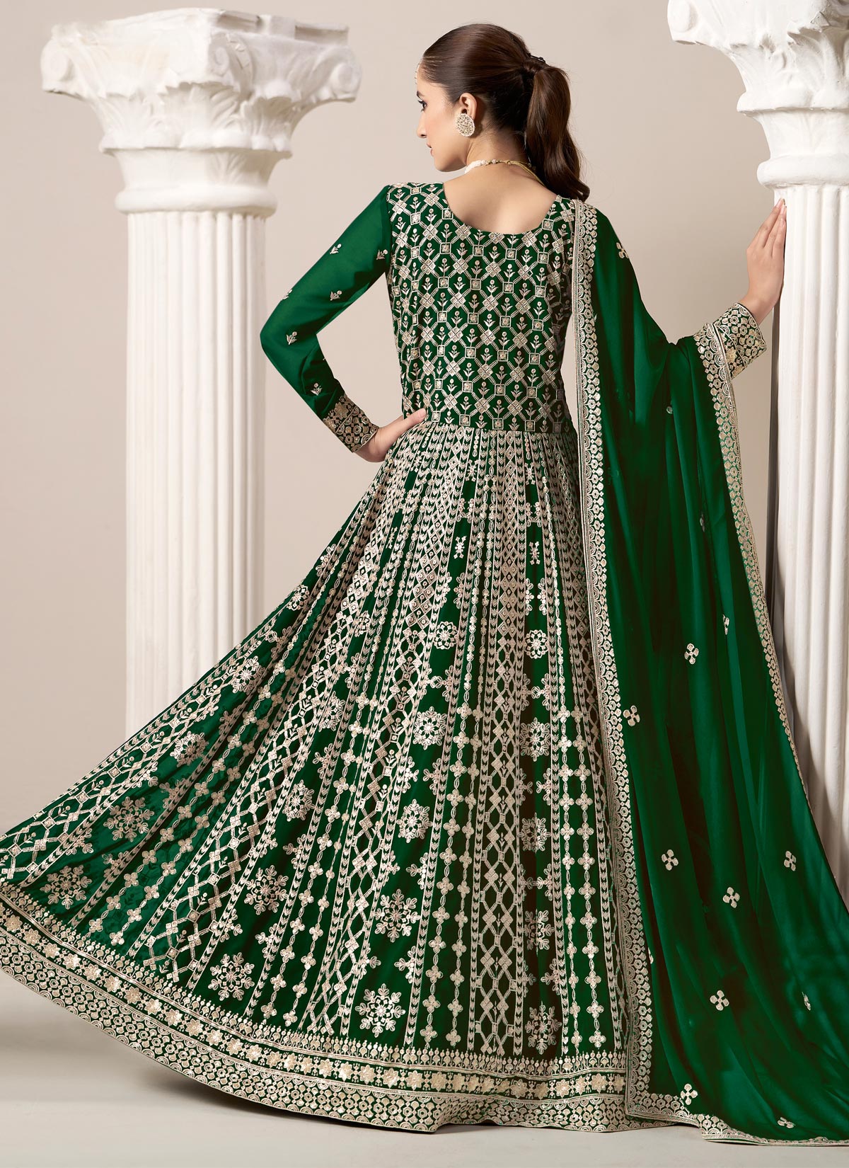 Georgette Anarkali Suit With Embroidered Work In Bottle Green