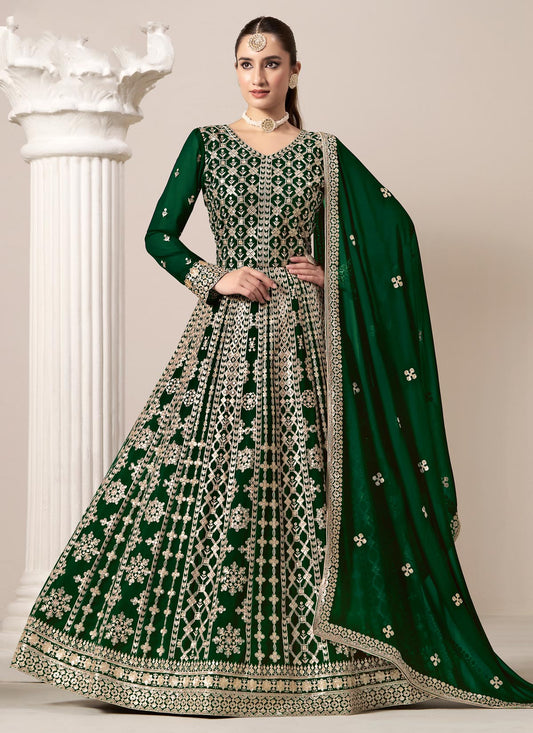 Georgette Anarkali Suit With Embroidered Work In Bottle Green