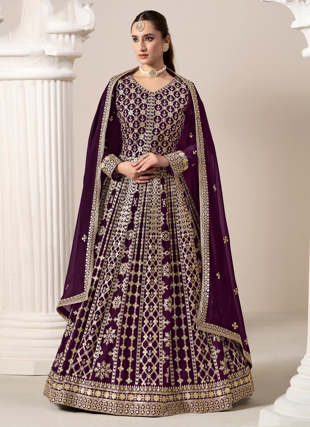 Georgette Anarkali Suit In Purple With Sequins Work For Ceremonial