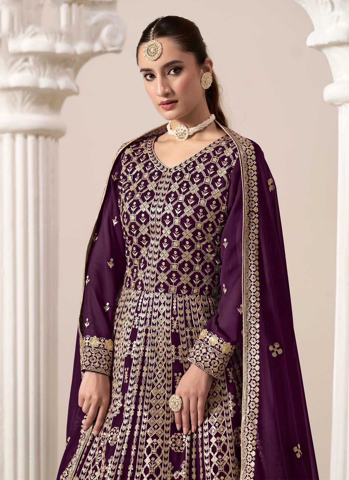 Georgette Anarkali Suit In Purple With Sequins Work For Ceremonial