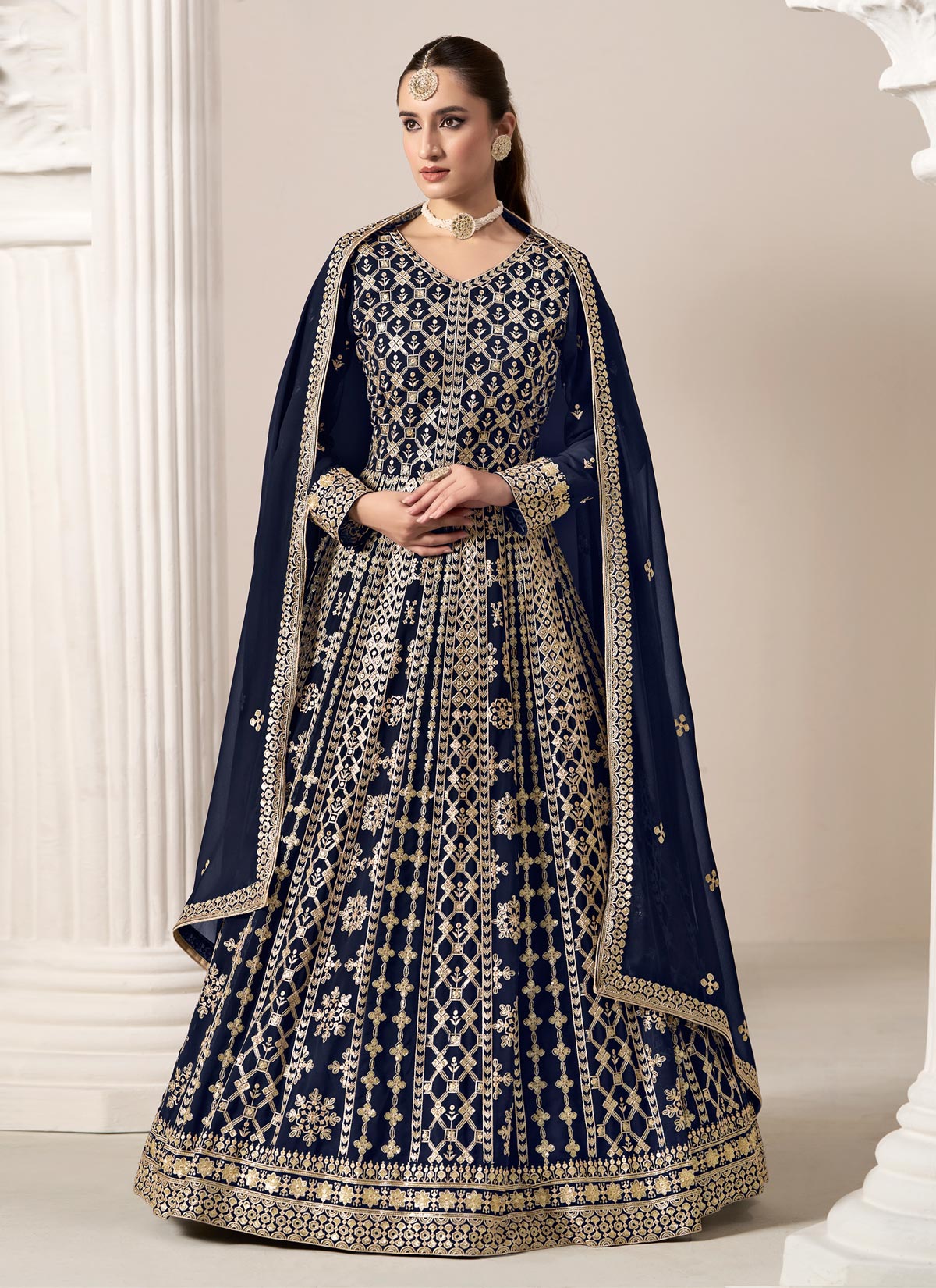 Resham Work Georgette Anarkali Suit In Navy Blue For Women