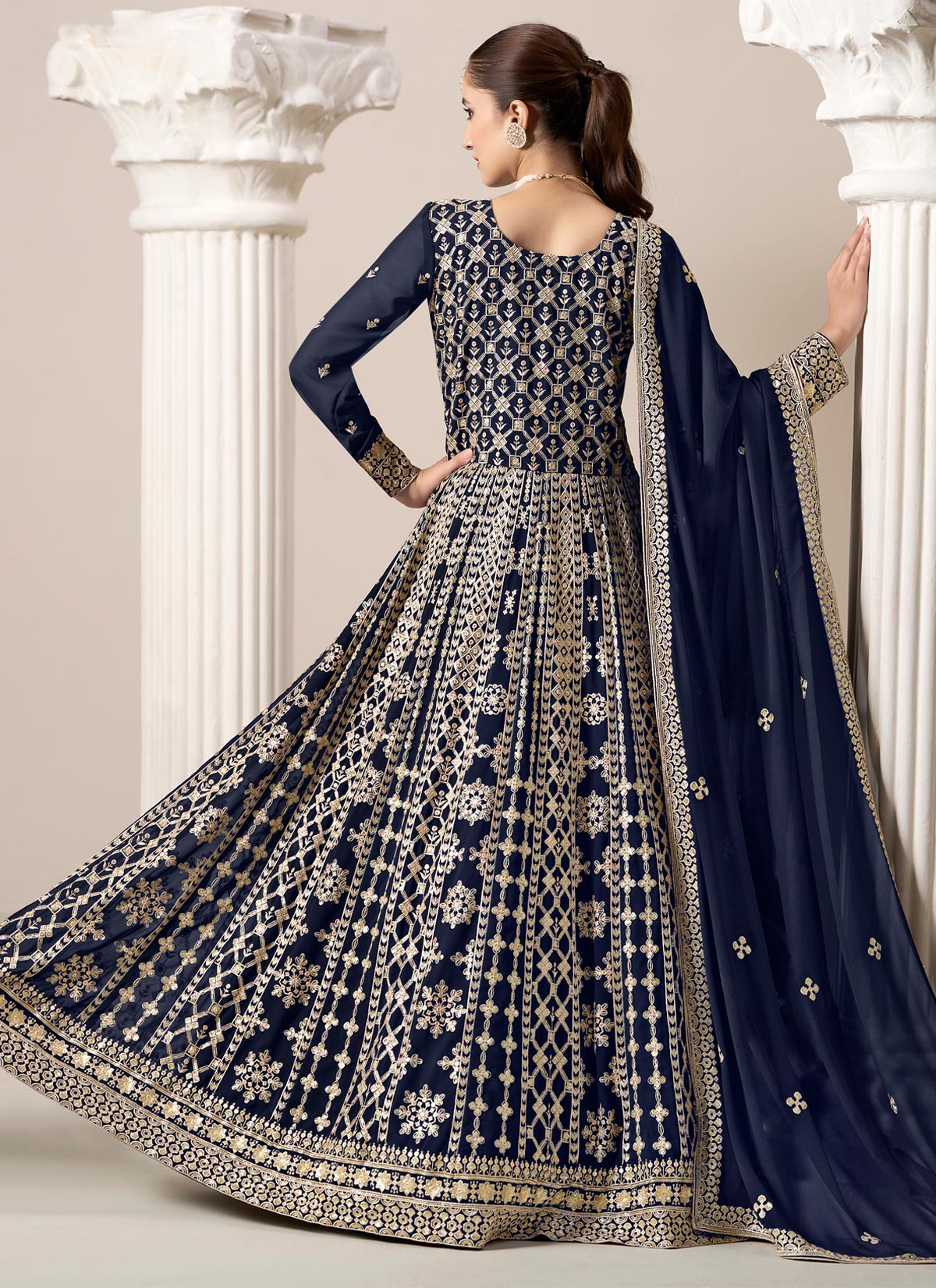 Resham Work Georgette Anarkali Suit In Navy Blue For Women