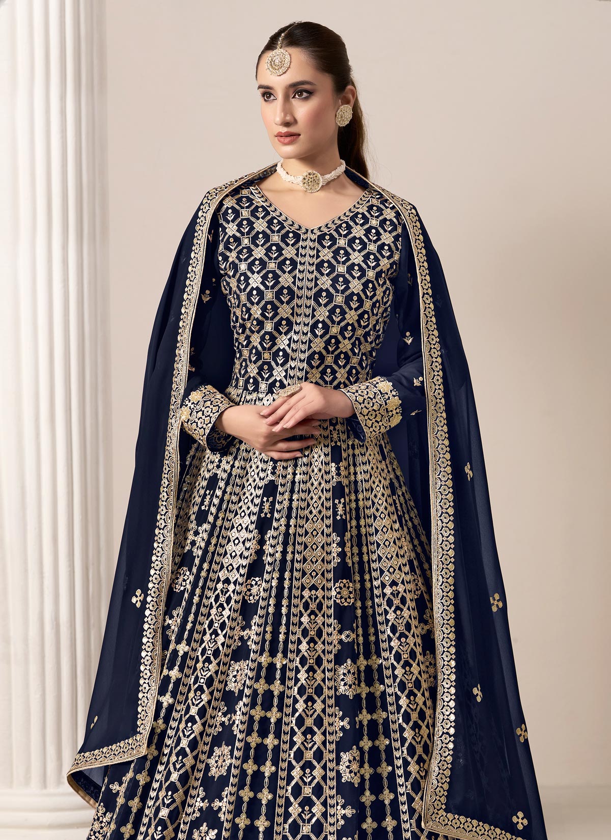 Resham Work Georgette Anarkali Suit In Navy Blue For Women