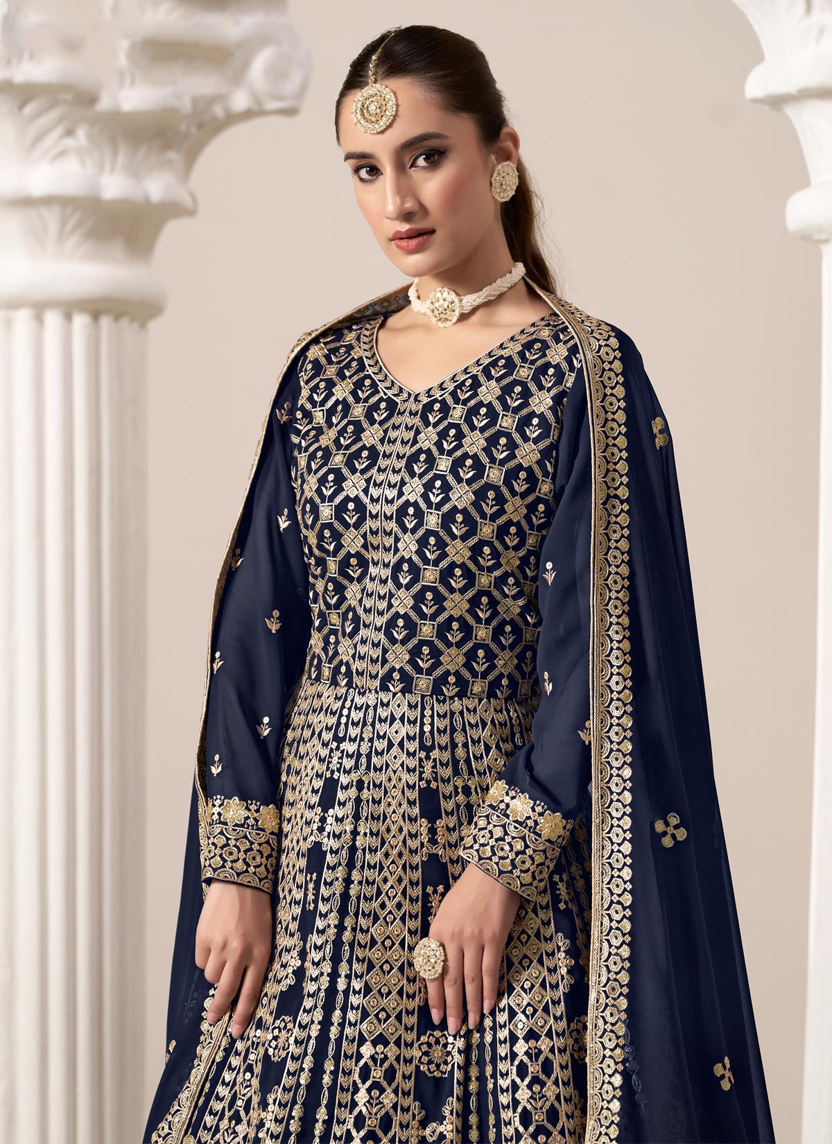 Resham Work Georgette Anarkali Suit In Navy Blue For Women