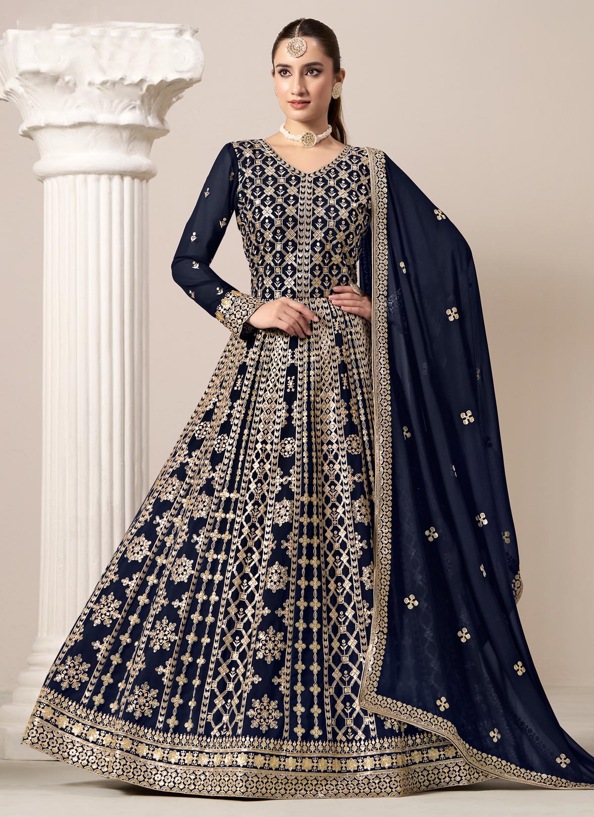 Resham Work Georgette Anarkali Suit In Navy Blue For Women