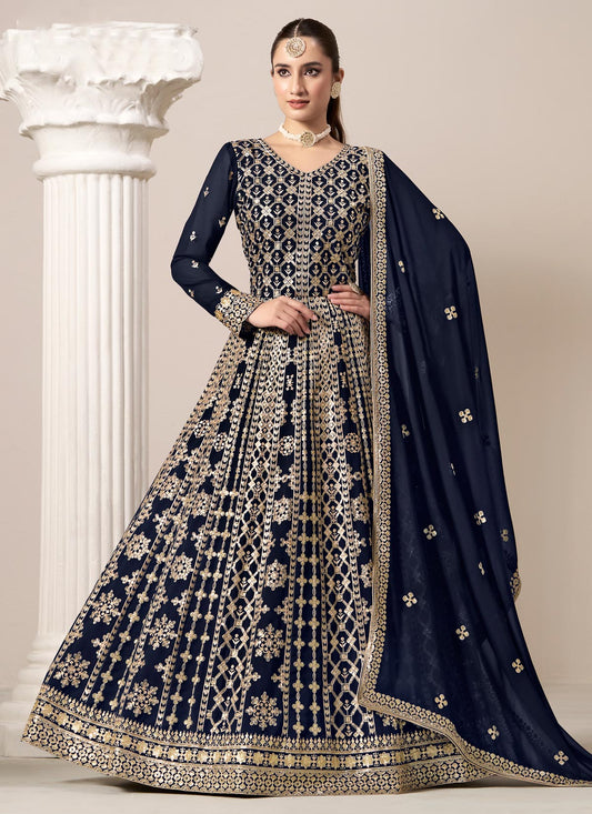 Resham Work Georgette Anarkali Suit In Navy Blue For Women