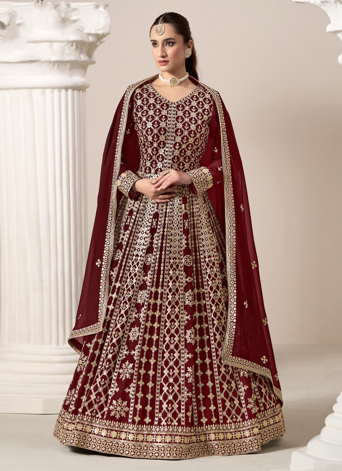 Embroidered Work Georgette Anarkali Suit In Maroon For Party