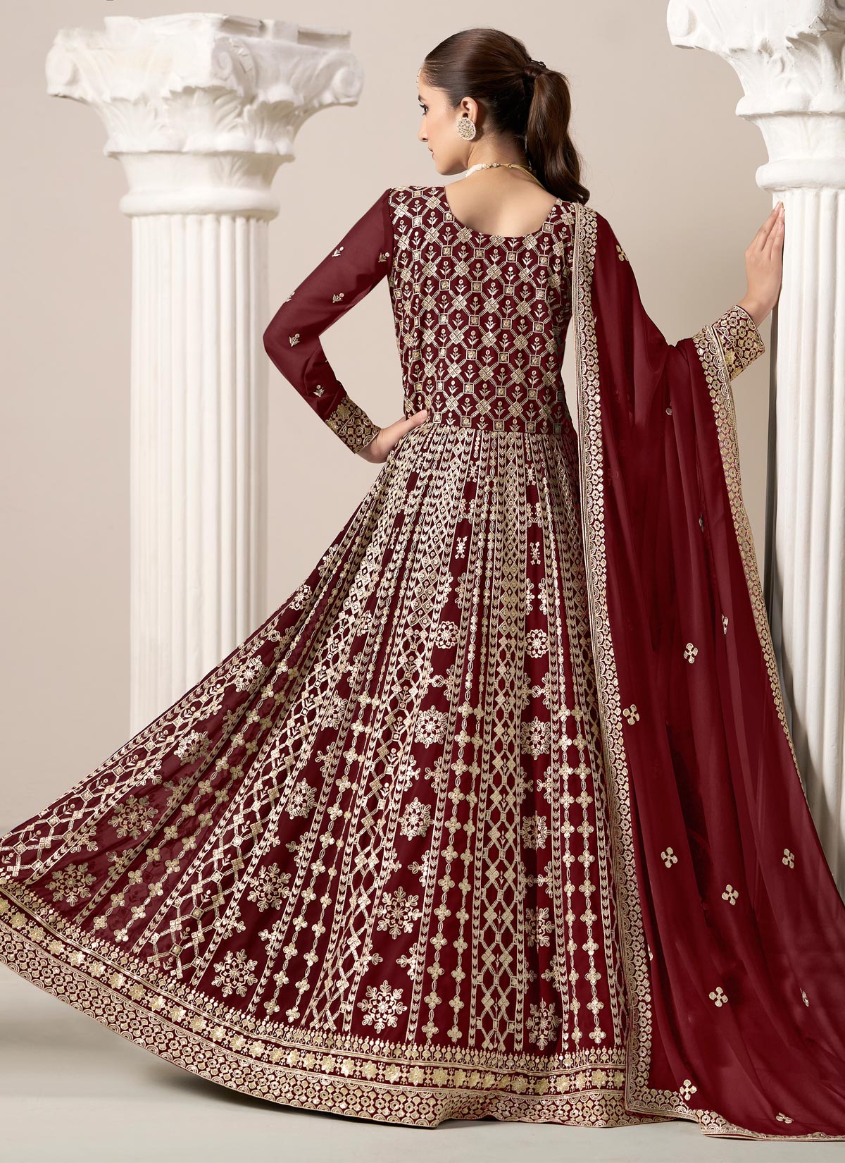 Embroidered Work Georgette Anarkali Suit In Maroon For Party
