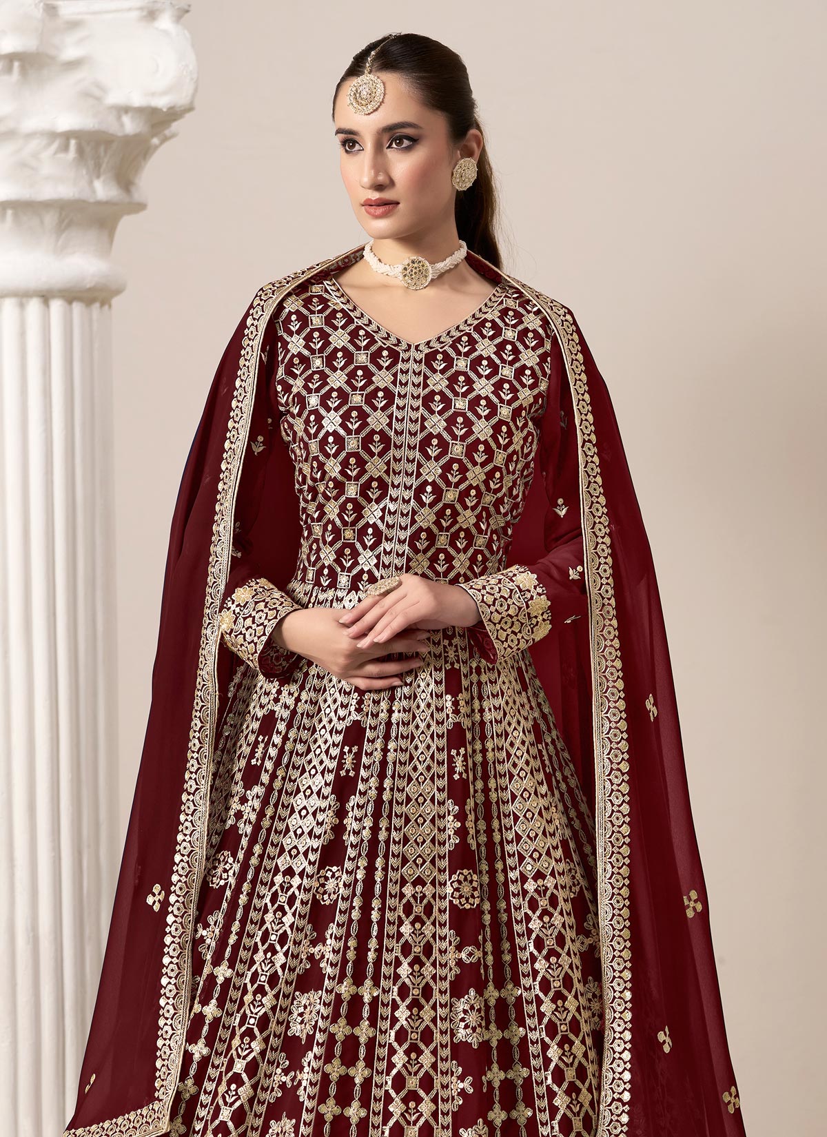 Embroidered Work Georgette Anarkali Suit In Maroon For Party