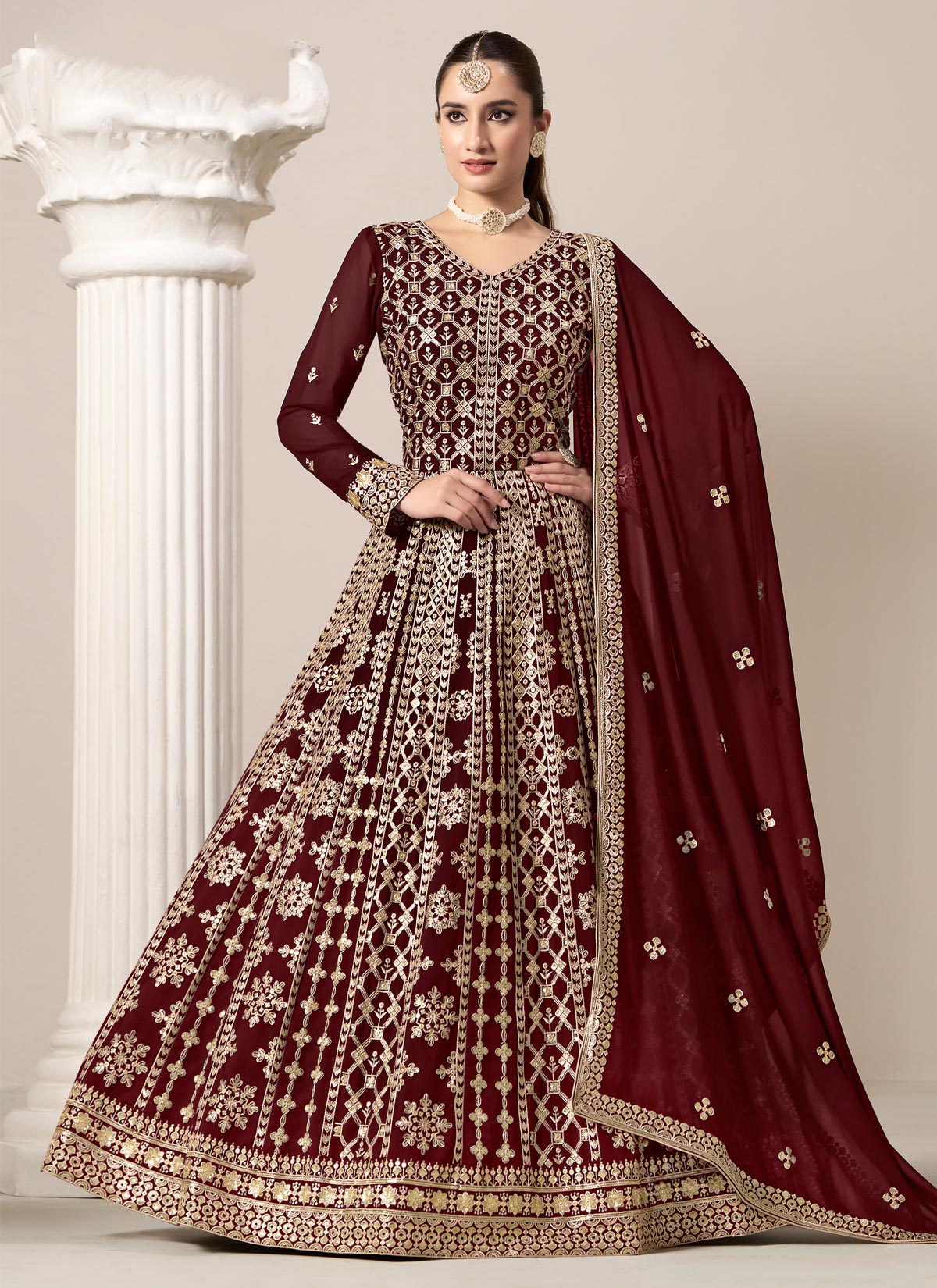 Embroidered Work Georgette Anarkali Suit In Maroon For Party