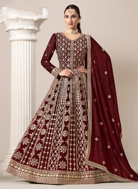 Embroidered Work Georgette Anarkali Suit In Maroon For Party