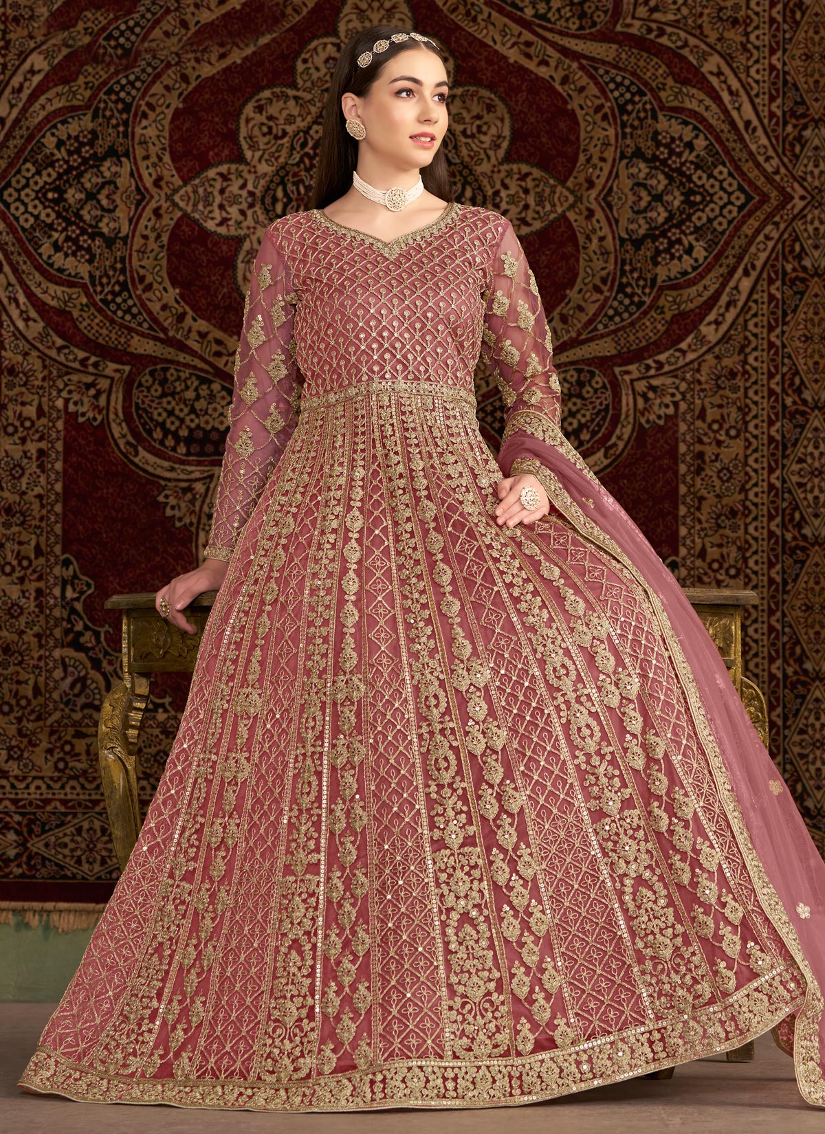 Net Anarkali Suit With Embroidered Work In Pink