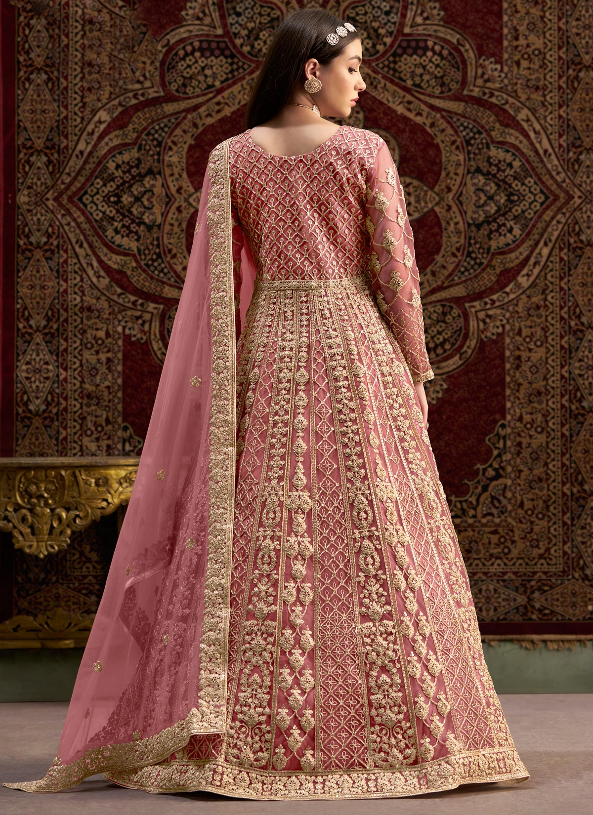 Net Anarkali Suit With Embroidered Work In Pink