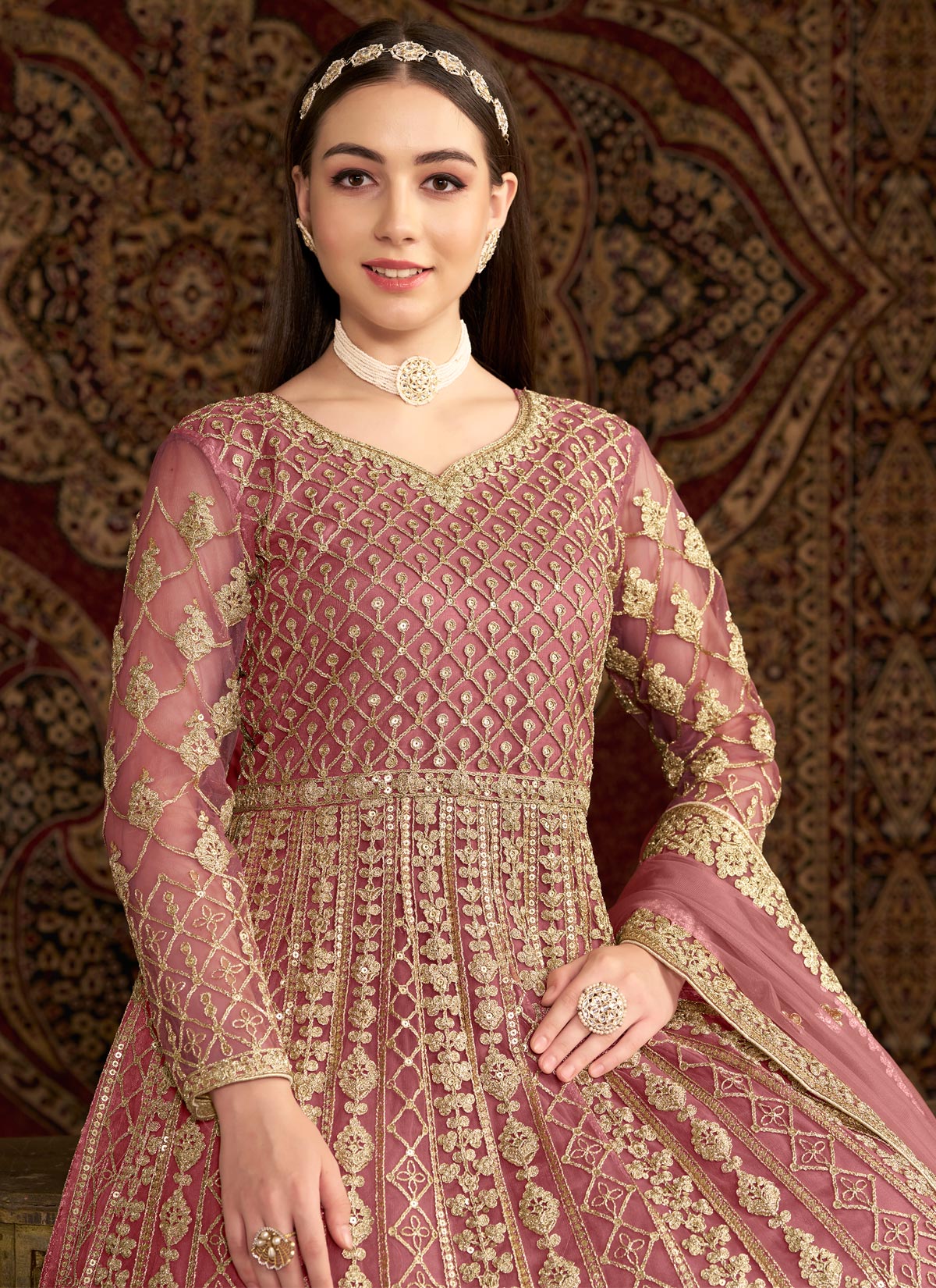 Net Anarkali Suit With Embroidered Work In Pink