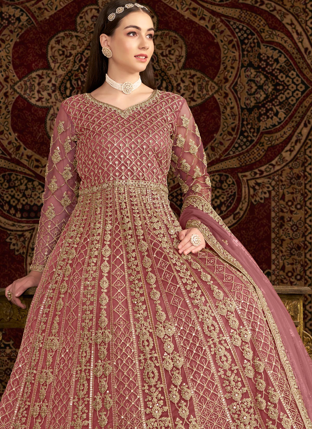 Net Anarkali Suit With Embroidered Work In Pink