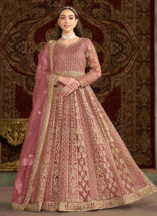 Net Anarkali Suit With Embroidered Work In Pink