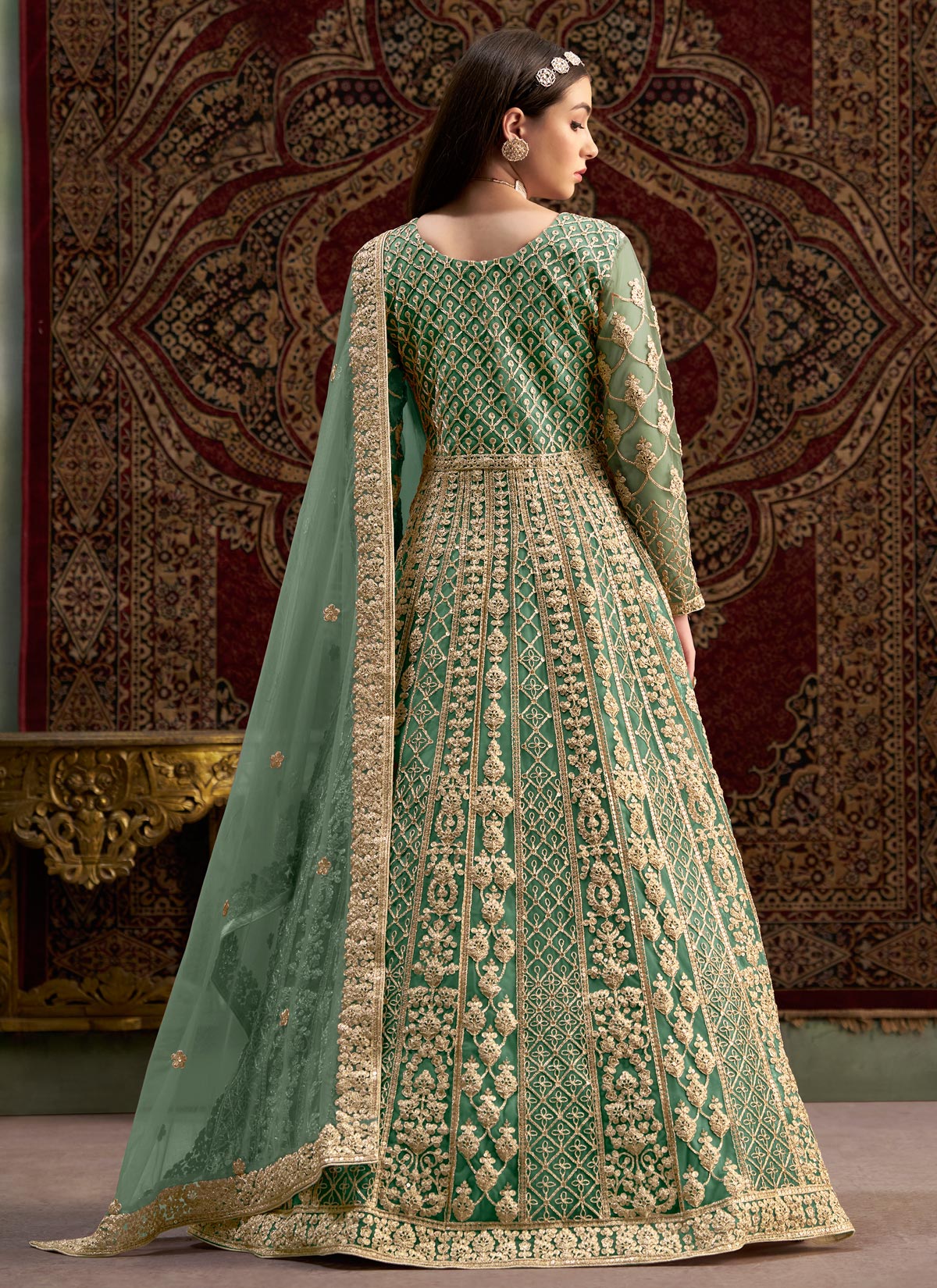 Net Anarkali Suit In Sea Green With Resham Work For Ceremonial