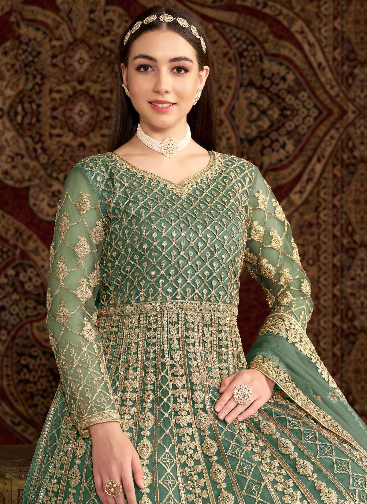 Net Anarkali Suit In Sea Green With Resham Work For Ceremonial