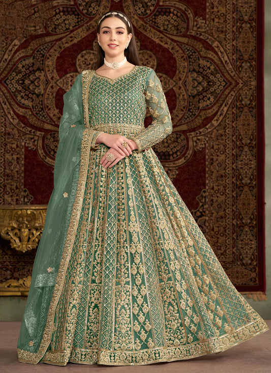 Net Anarkali Suit In Sea Green With Resham Work For Ceremonial