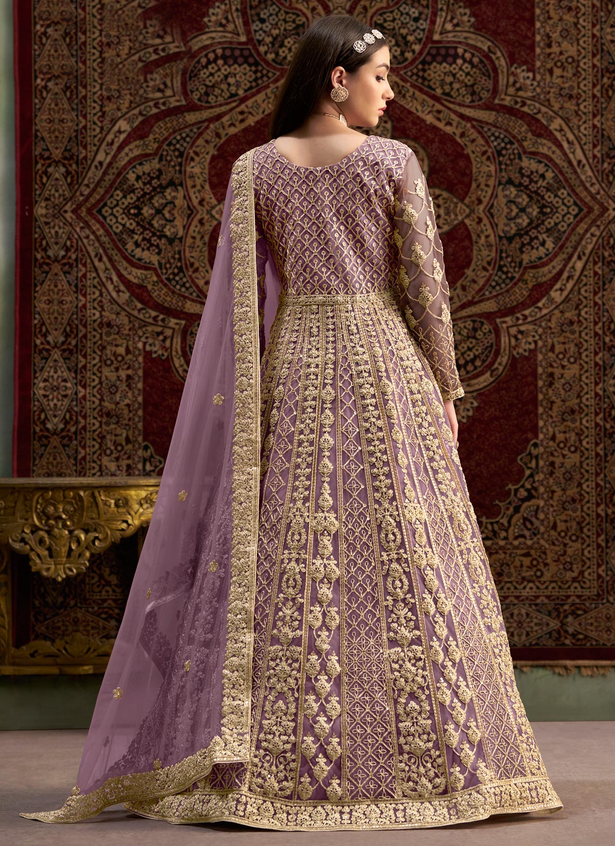 Embroidered Work Net Anarkali Suit In Violet For Women