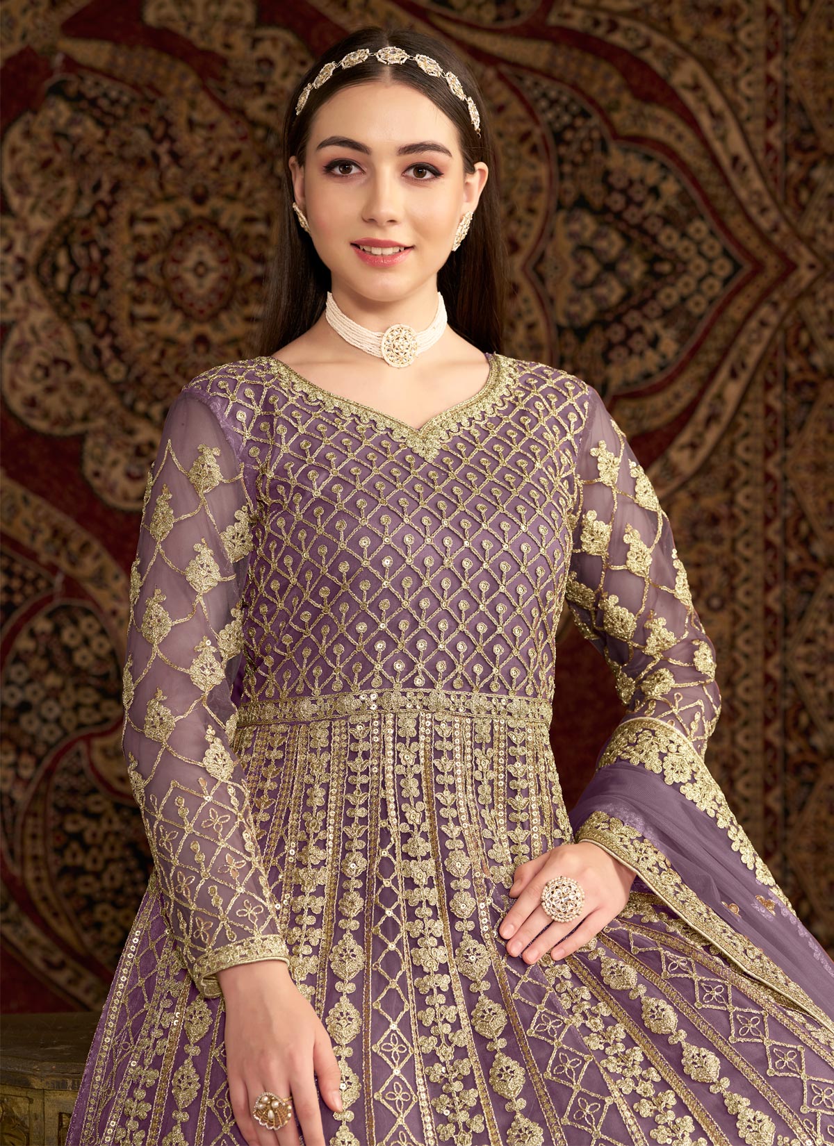 Embroidered Work Net Anarkali Suit In Violet For Women