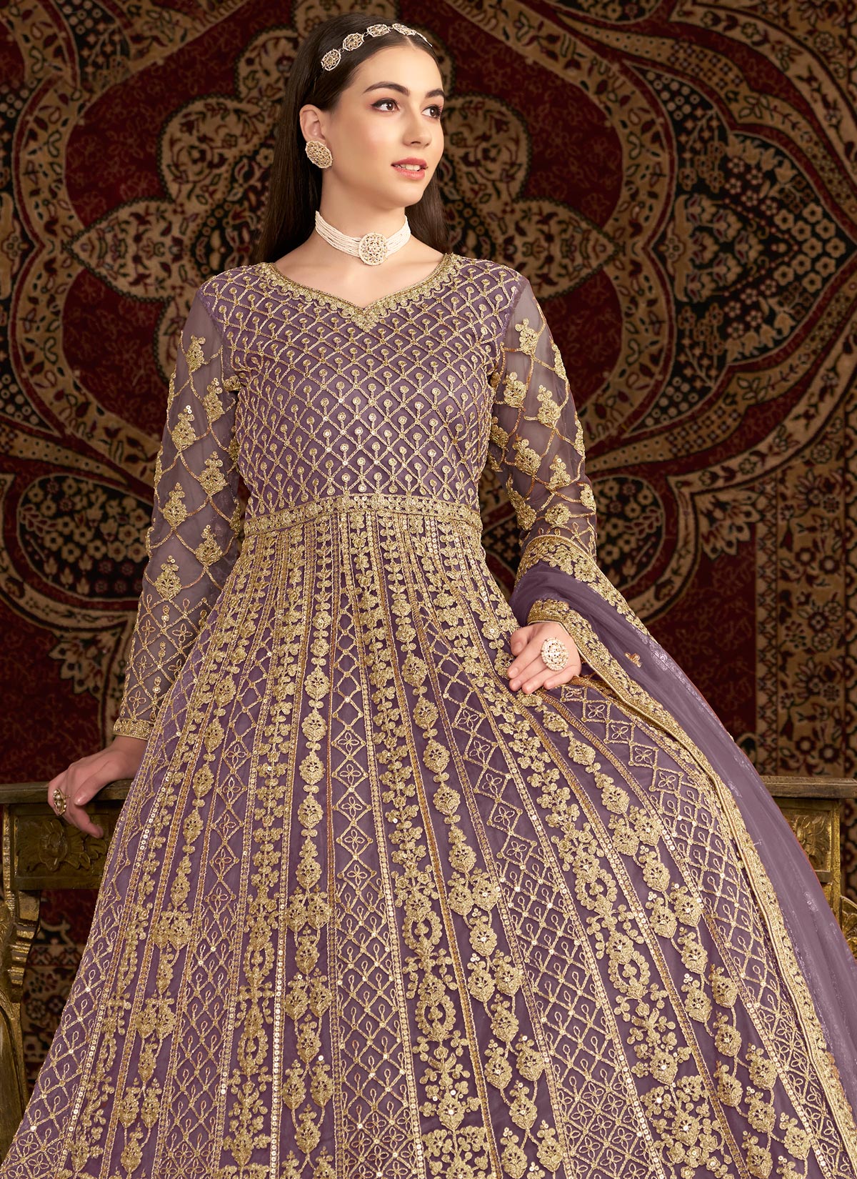 Embroidered Work Net Anarkali Suit In Violet For Women