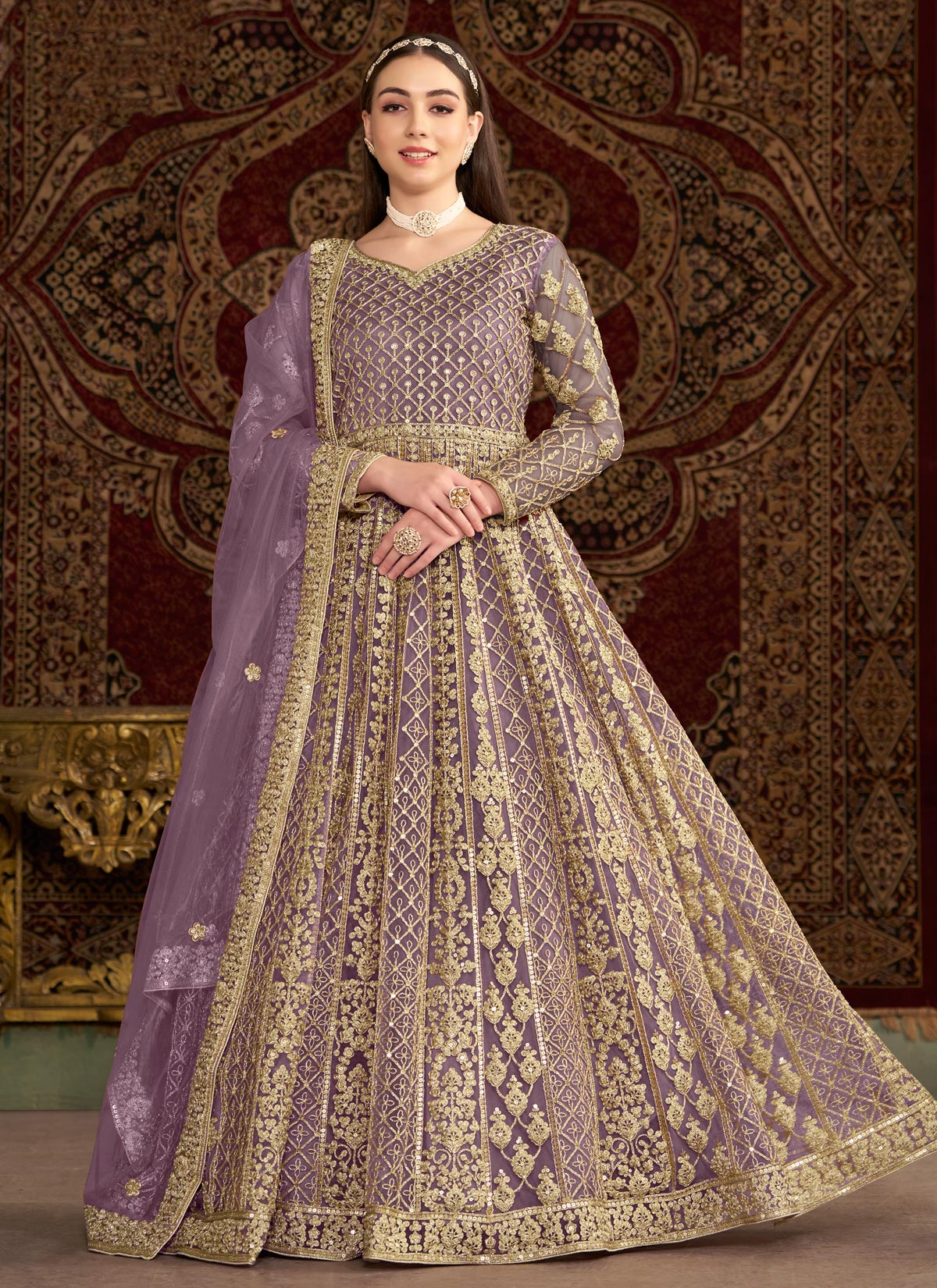 Embroidered Work Net Anarkali Suit In Violet For Women