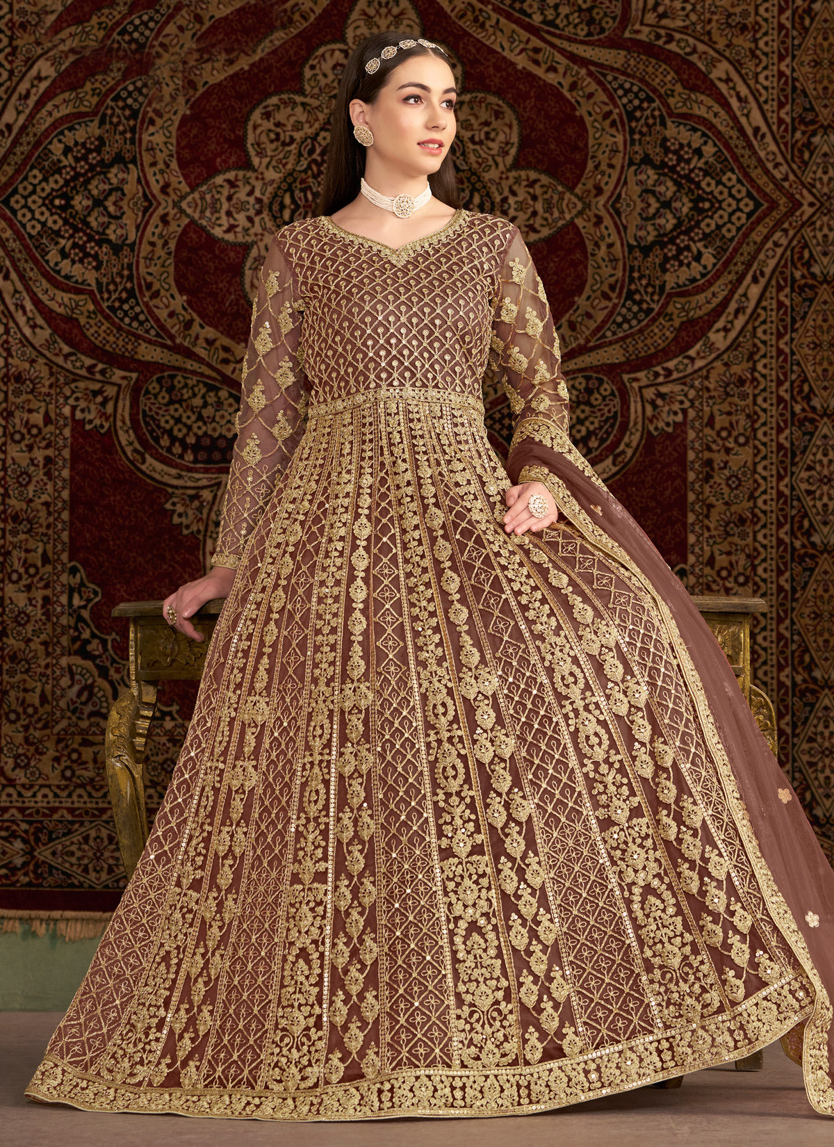 Embroidered Work Net Anarkali Suit In Brown For Wedding
