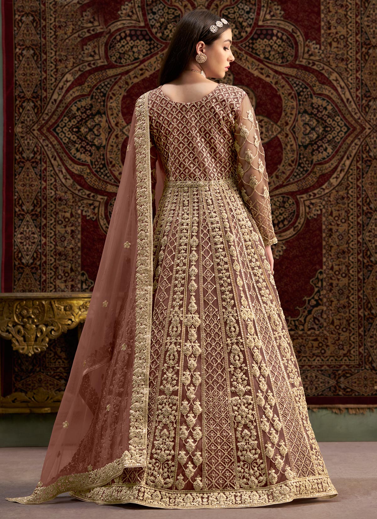 Embroidered Work Net Anarkali Suit In Brown For Wedding