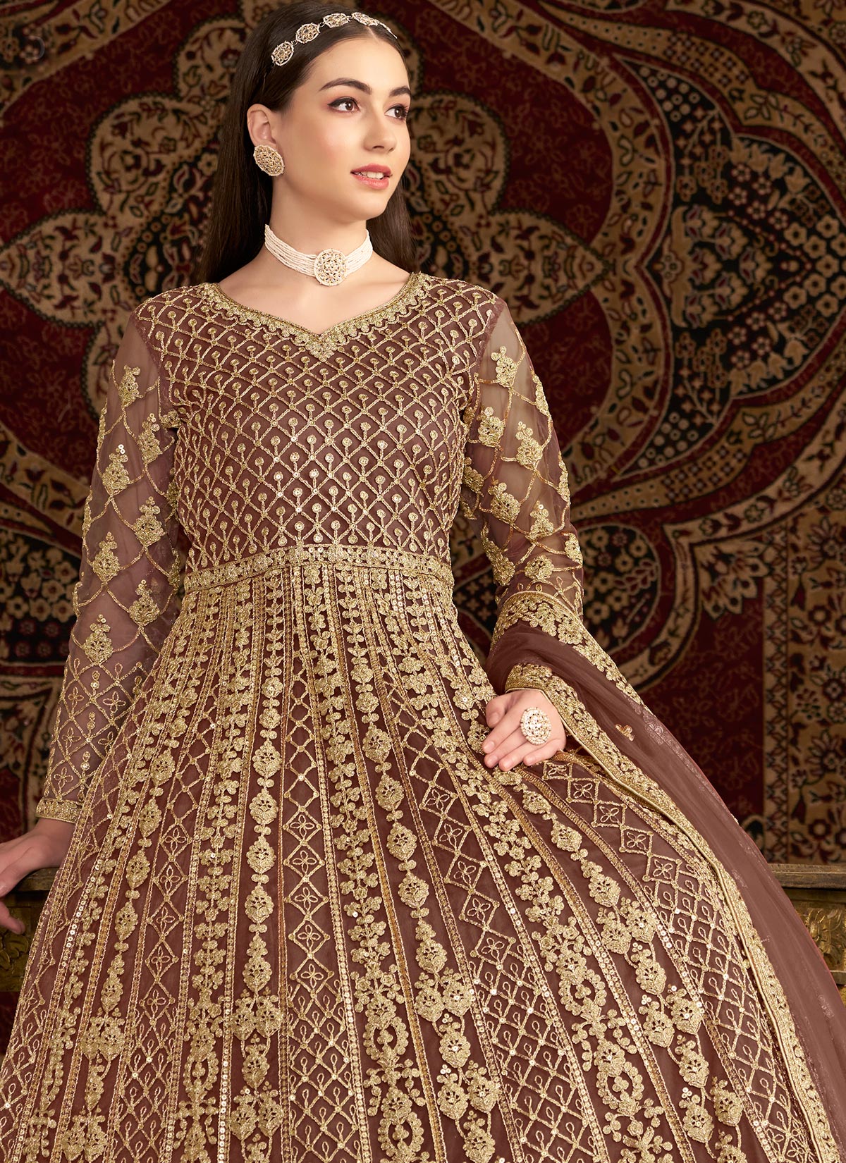 Embroidered Work Net Anarkali Suit In Brown For Wedding