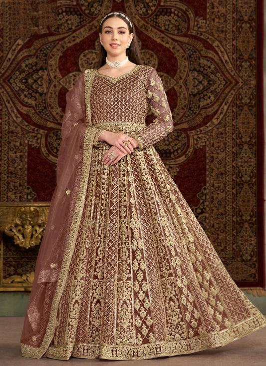 Embroidered Work Net Anarkali Suit In Brown For Wedding