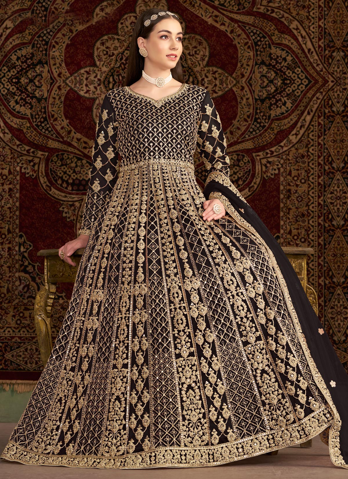 Black Net Anarkali Suit With Embroidered Work For Festival