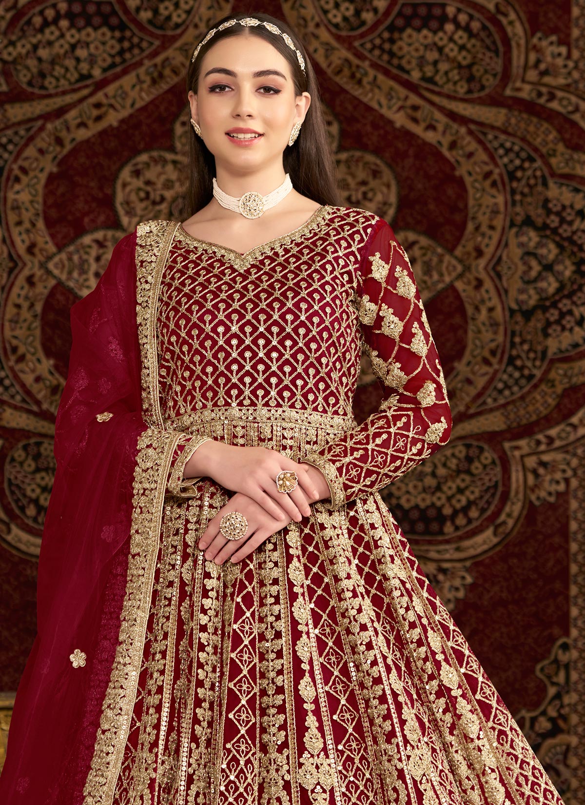 Embroidered Work Net Anarkali Suit In Red For Women