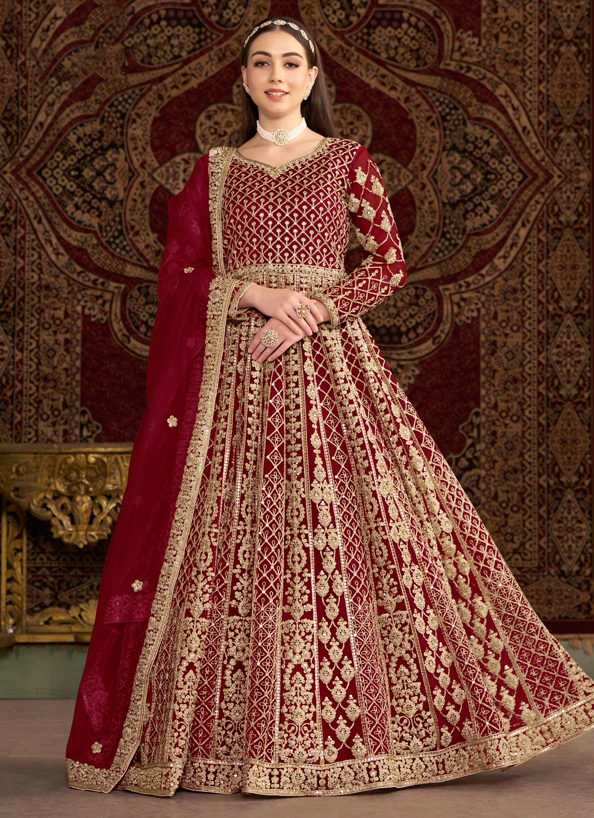 Embroidered Work Net Anarkali Suit In Red For Women