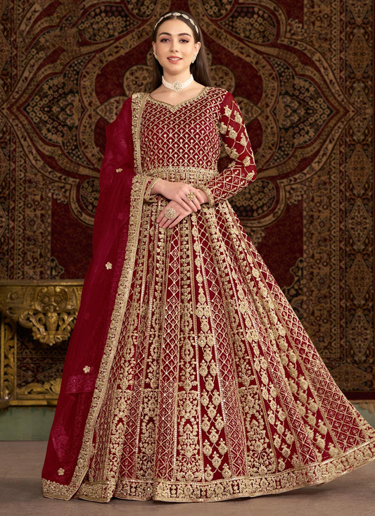 Embroidered Work Net Anarkali Suit In Red For Women