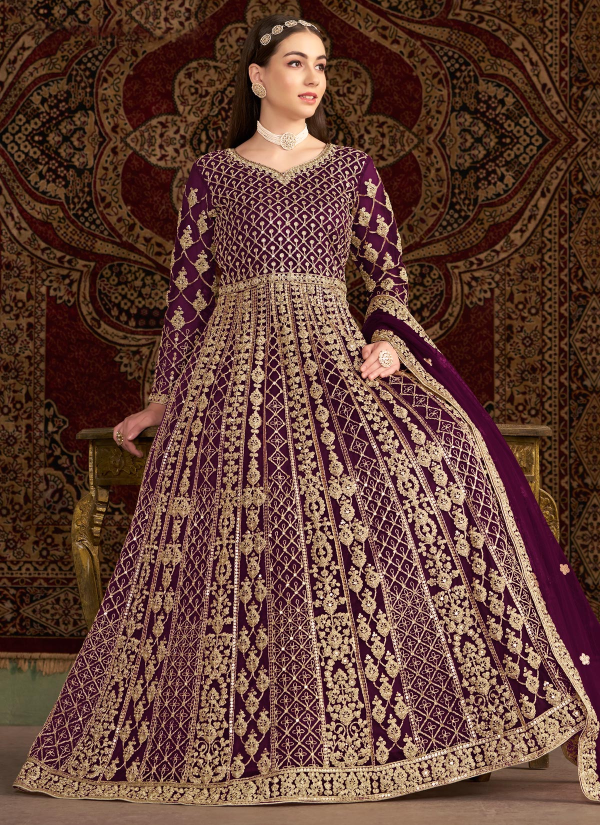 Net Embroidered Work Designer Anarkali Suit In Purple