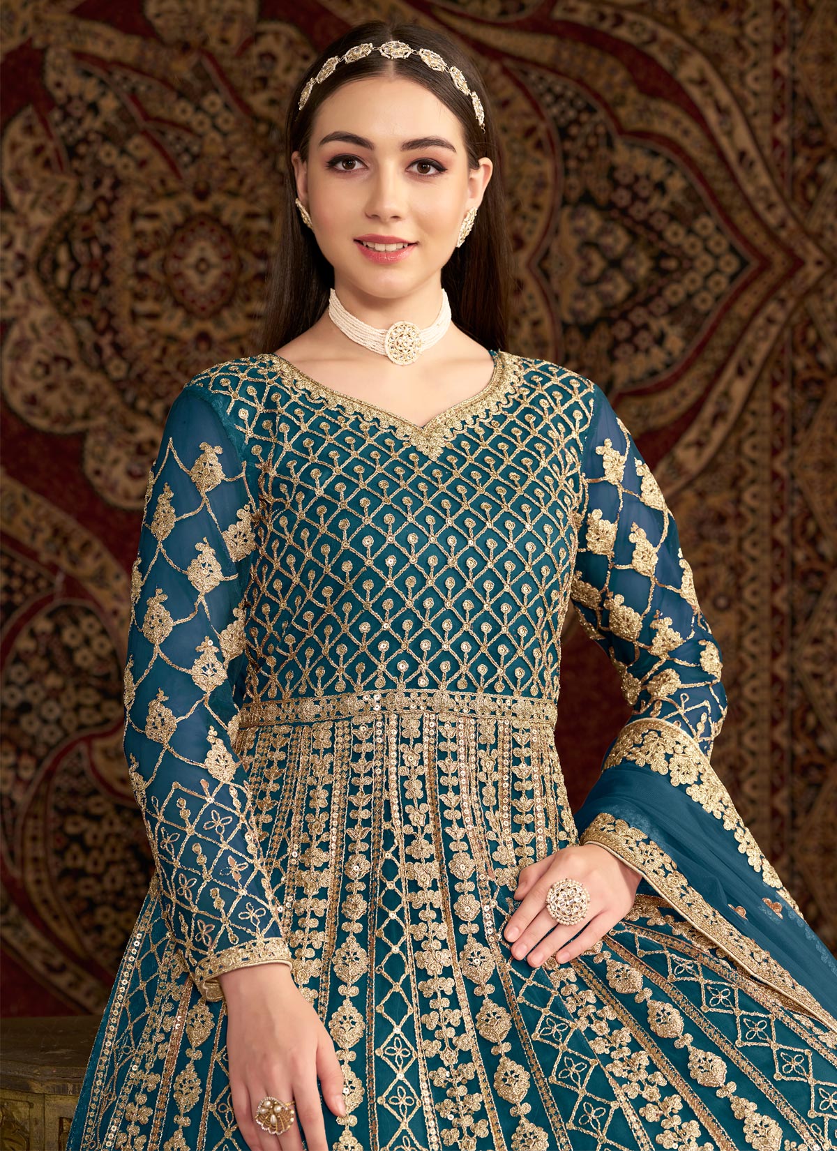 Embroidered Work Net Anarkali Suit In Teal For Women