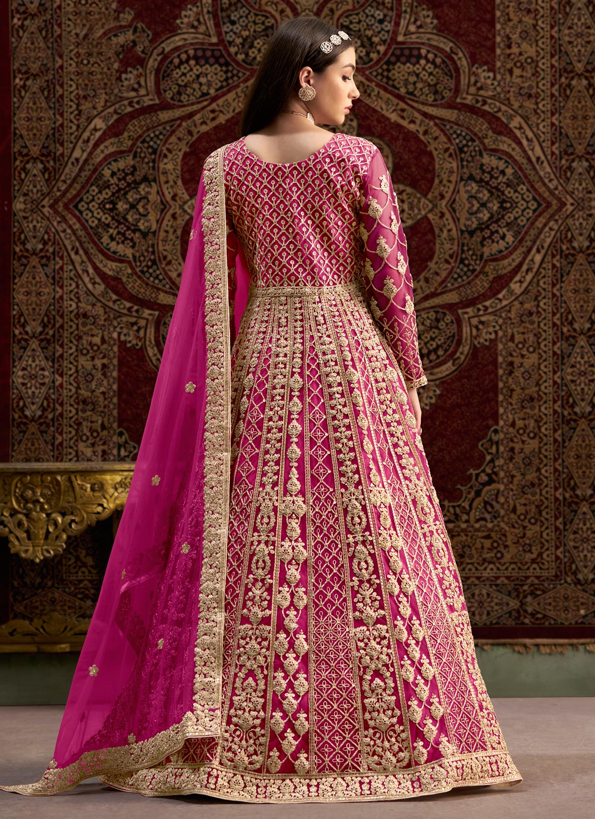 Net Anarkali Suit With Embroidered Work For Festival In Rose Pink