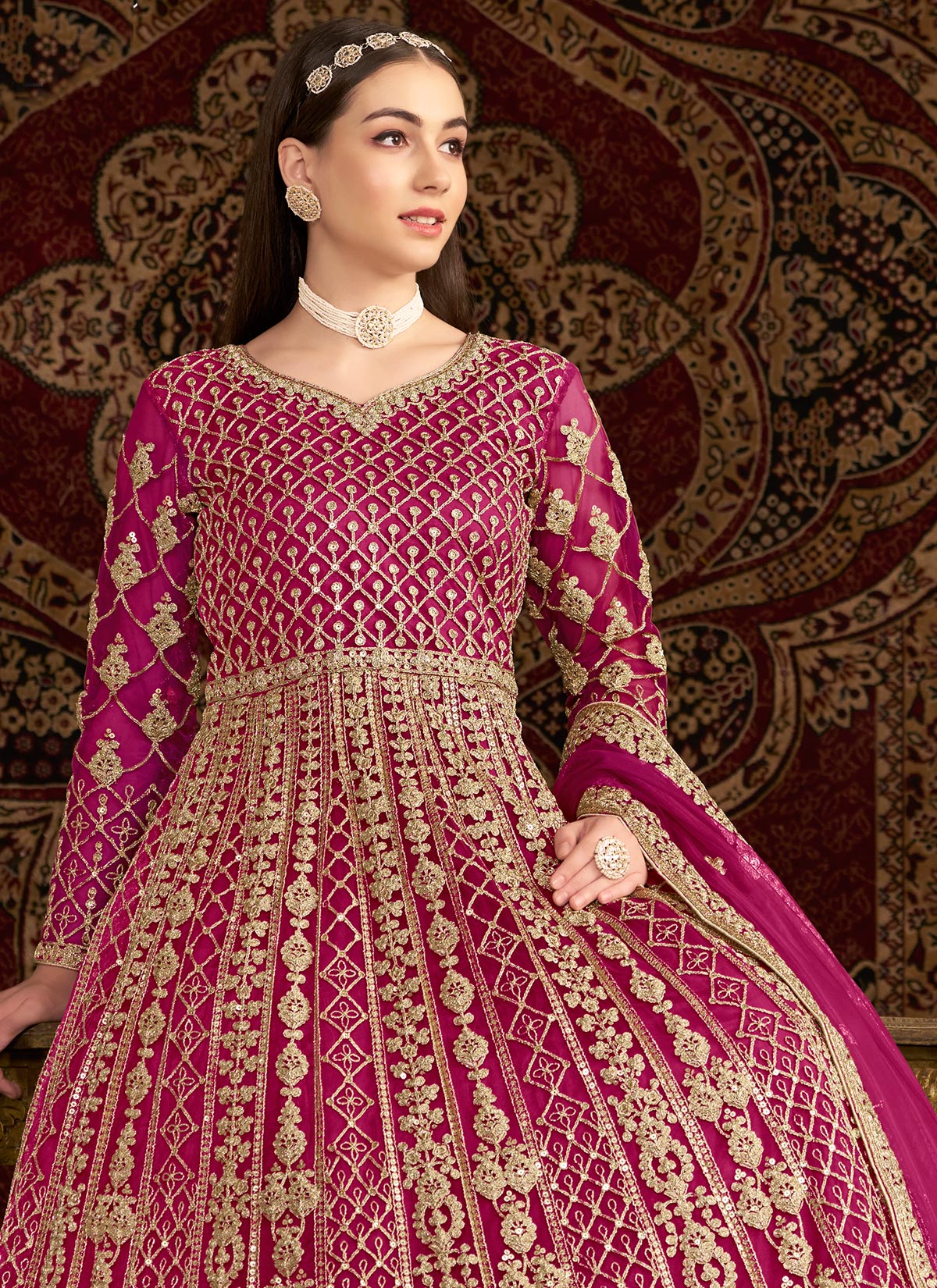 Net Anarkali Suit With Embroidered Work For Festival In Rose Pink