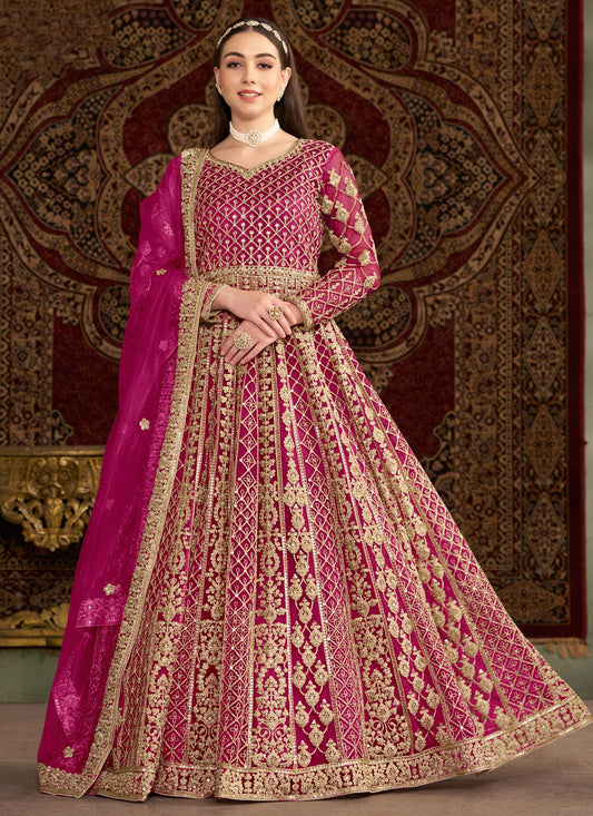 Net Anarkali Suit With Embroidered Work For Festival In Rose Pink