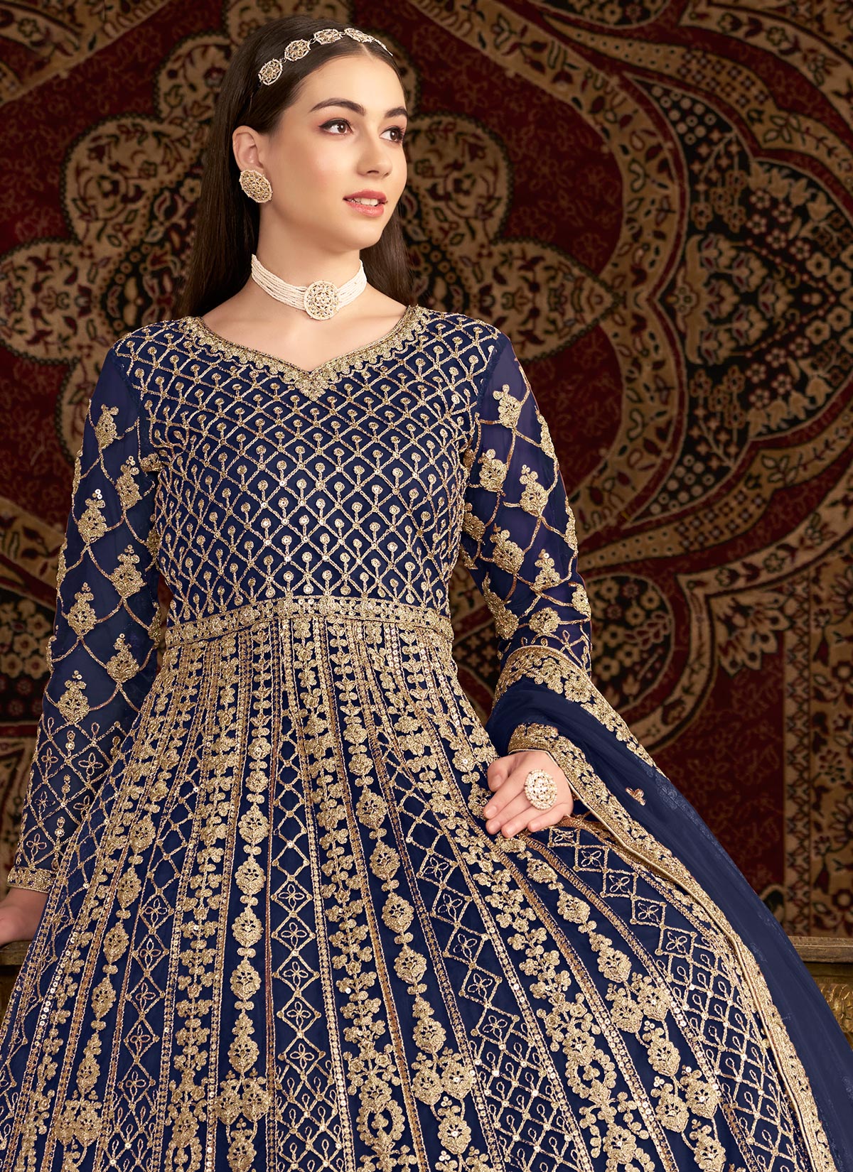 Net Sequins Work Designer Anarkali Suit In Navy Blue