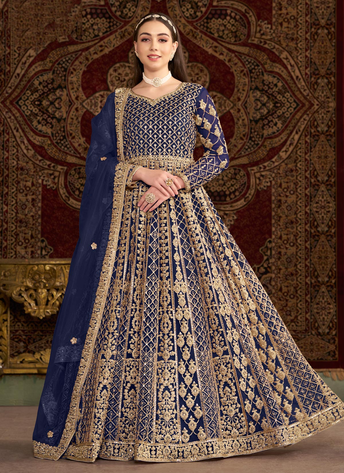 Net Sequins Work Designer Anarkali Suit In Navy Blue