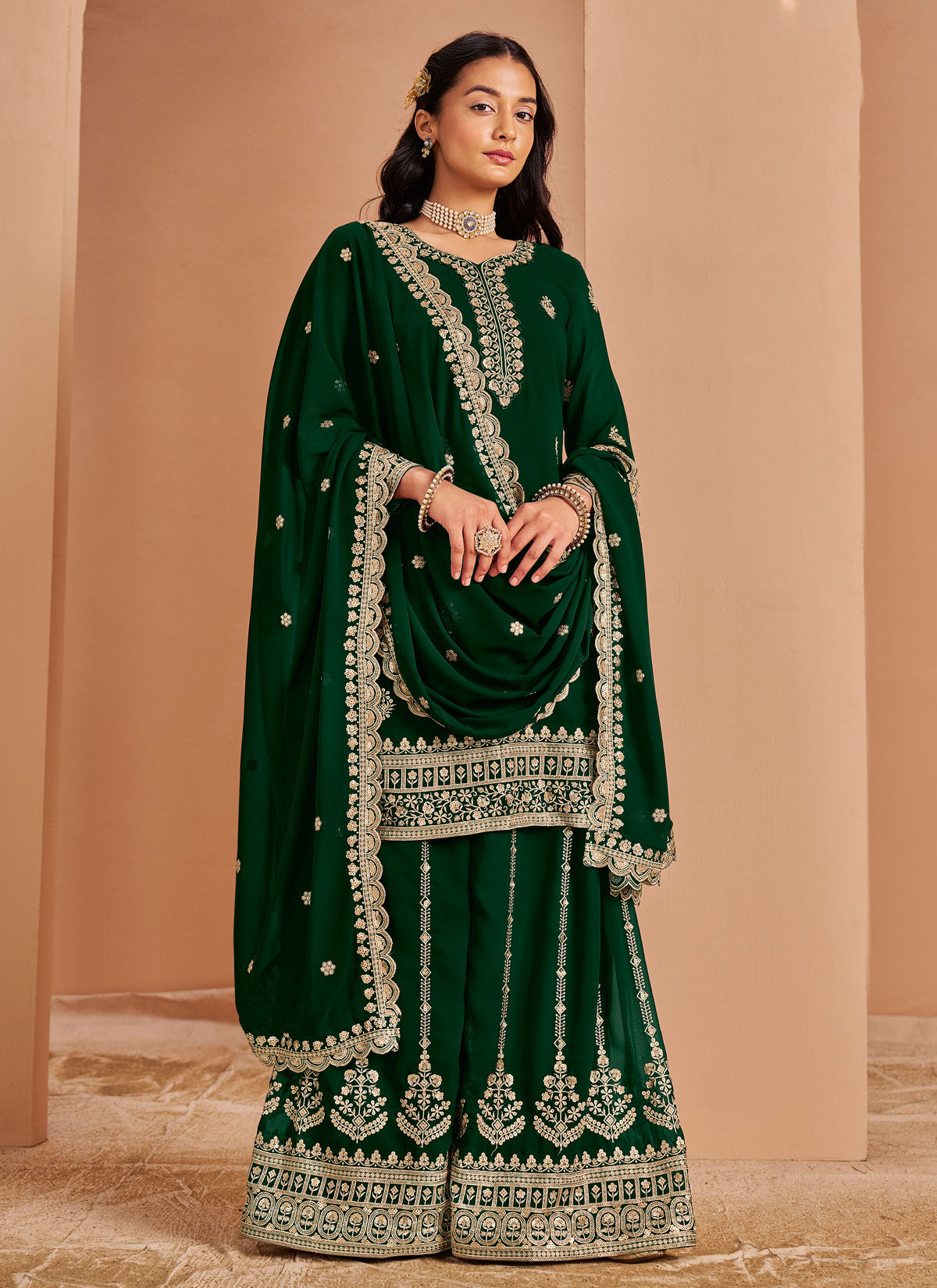 Georgette Palazzo Suit With Resham Work For Wedding