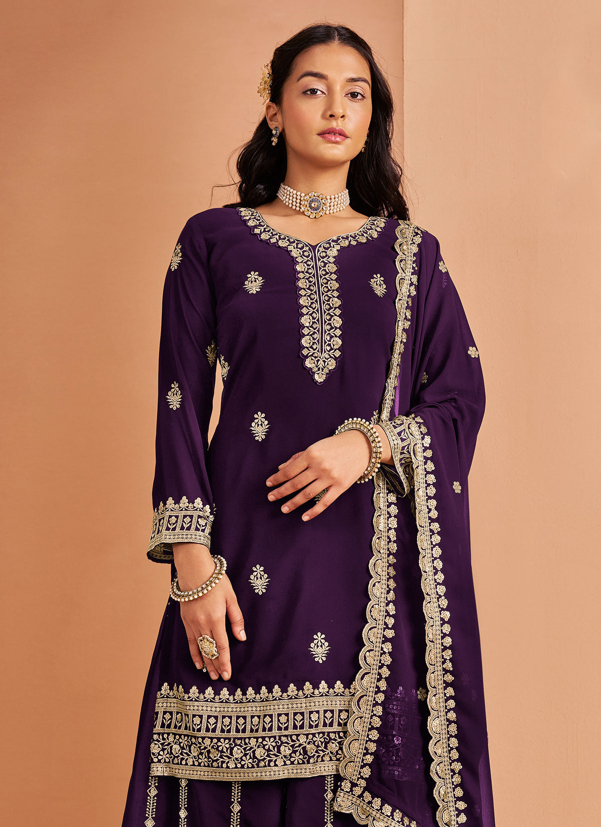 Resham Work Georgette Palazzo Suit In Purple For Women