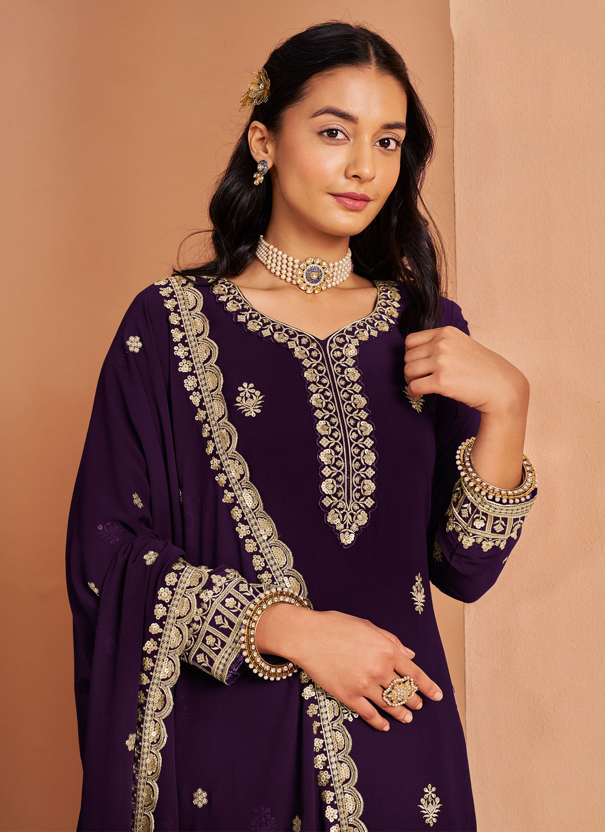 Resham Work Georgette Palazzo Suit In Purple For Women