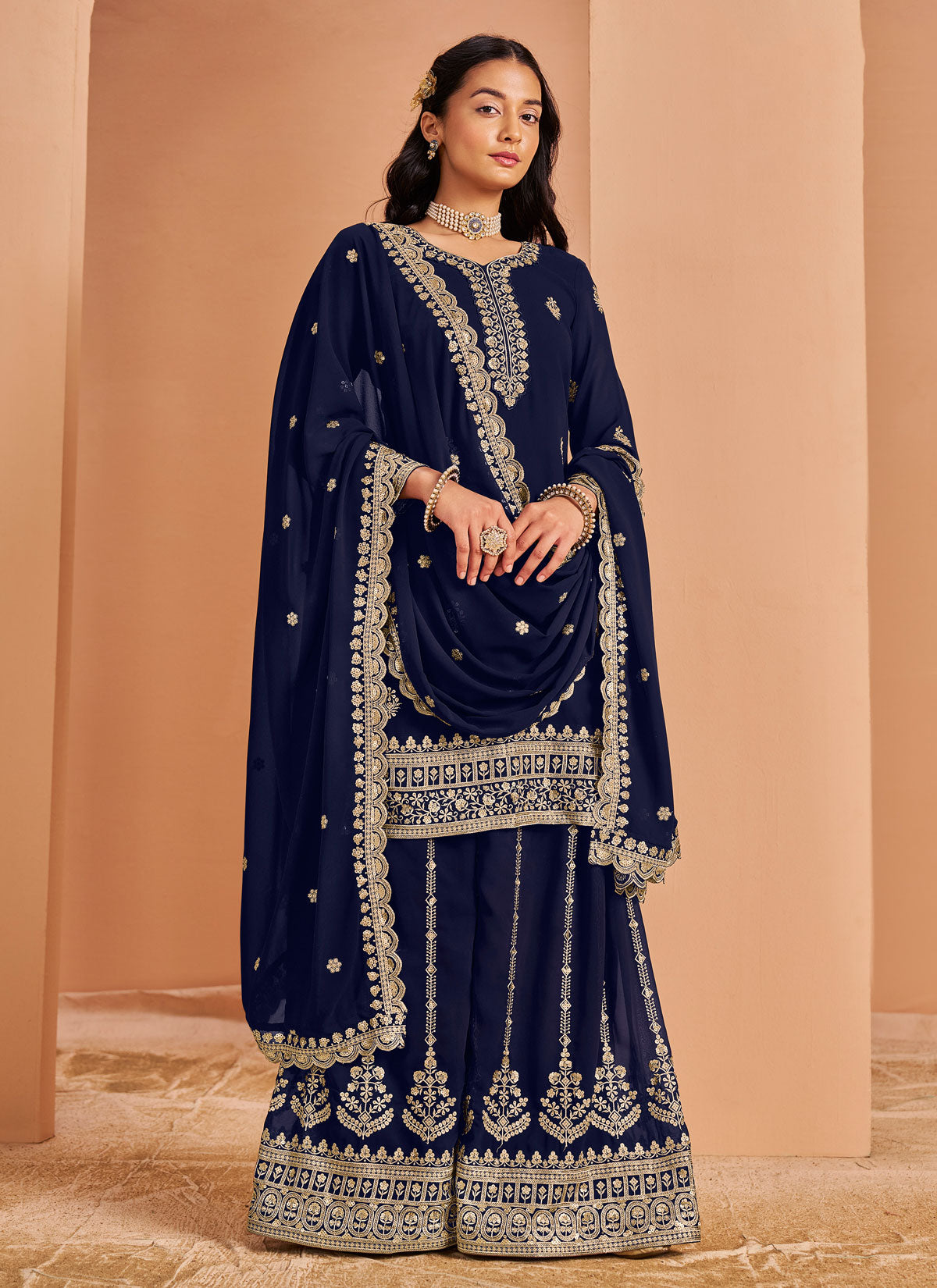 Navy Blue Georgette Palazzo Suit With Sequins Work